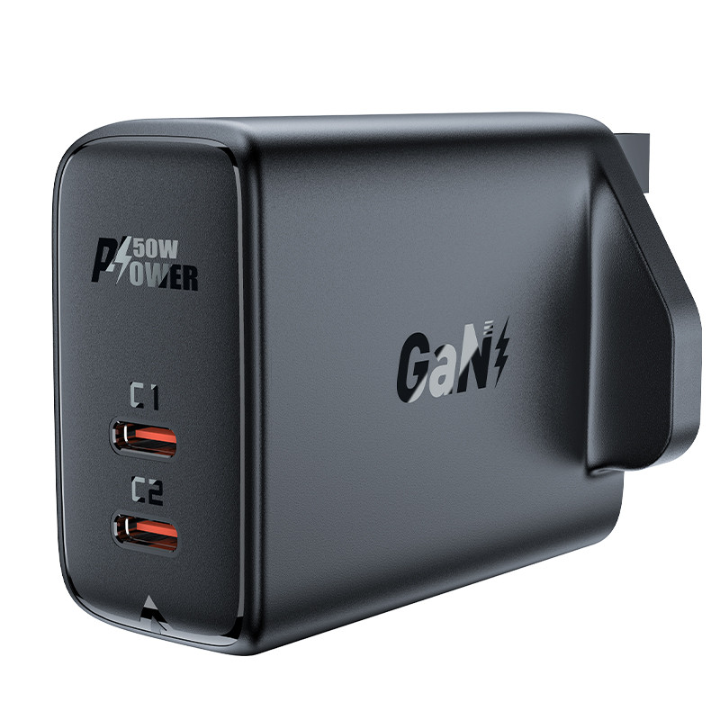 Acefast GaN sieninis įkroviklis (JK kištukas) 2x USB Type C 50W, Power Delivery, PPS, Q3 3.0, AFC, FCP black (A32 UK)