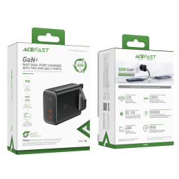 Acefast GaN sieninis įkroviklis (JK kištukas) 2x USB Type C 50W, Power Delivery, PPS, Q3 3.0, AFC, FCP black (A32 UK)
