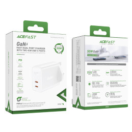 Acefast GaN sieninis įkroviklis (JK kištukas) 2x USB Type C 50W, Power Delivery, PPS, Q3 3.0, AFC, FCP (A32 UK)
