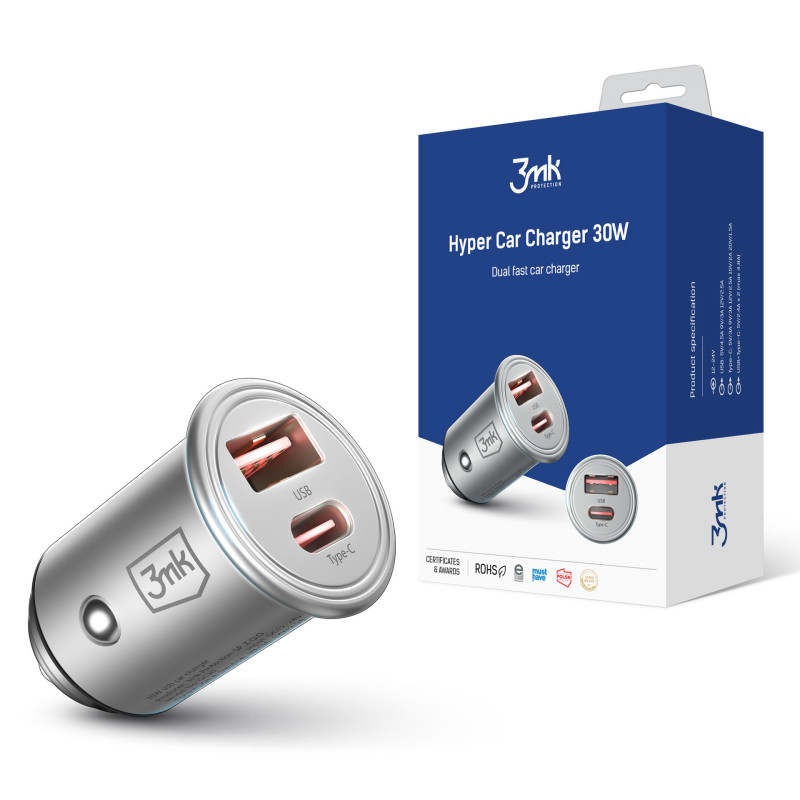 3mk Hyper Car Charger 30W USB-C USB-A automobilinis įkroviklis – sidabrinis