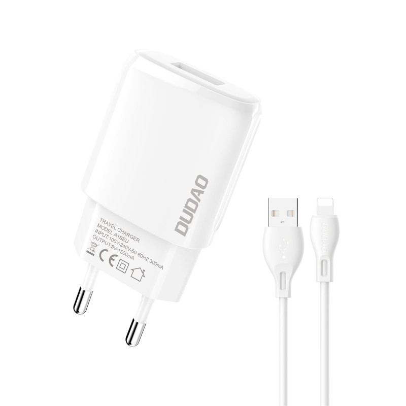 Dudao USB-A 7.5W sieninis įkroviklis + USB-A - Lightning kabelis 1m baltas (A1sEU)