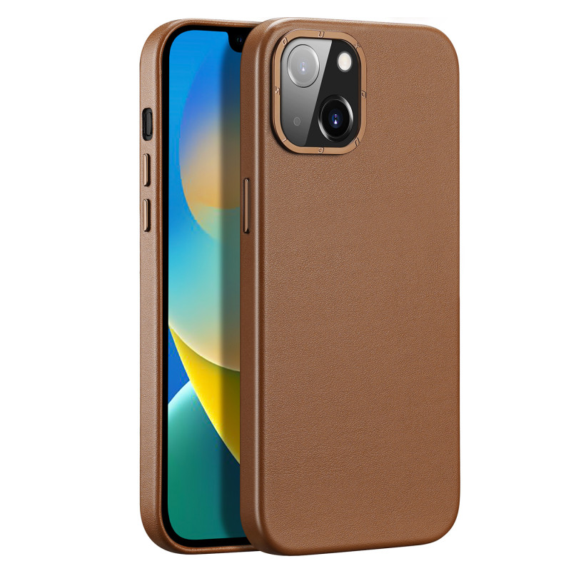 „Dux Ducis Grit“ odinis dėklas, skirtas „iPhone 14“ elegantiškas dirbtinės odos dangtelis (suderinamas su „MagSafe“) rud...
