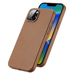 „Dux Ducis Grit“ odinis dėklas, skirtas „iPhone 14“ elegantiškas dirbtinės odos dangtelis (suderinamas su „MagSafe“) rud...