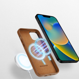 „Dux Ducis Grit“ odinis dėklas, skirtas „iPhone 14“ elegantiškas dirbtinės odos dangtelis (suderinamas su „MagSafe“) rud...
