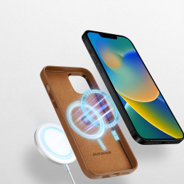 Dux Ducis Grit odinis dėklas, skirtas iPhone 14 Plus elegantiškas dirbtinės odos dangtelis (suderinamas su MagSafe) Ruda...
