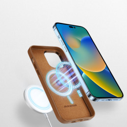 Dux Ducis Grit odinis dėklas, skirtas iPhone 14 Pro elegantiškas dirbtinės odos dangtelis (suderinamas su MagSafe) Rudas
