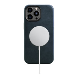 iCarer Oil Wax Premium Leather Case magnetinis odinis dėklas, skirtas iPhone 14 Pro Max su MagSafe tamsiai mėlyna spalva...