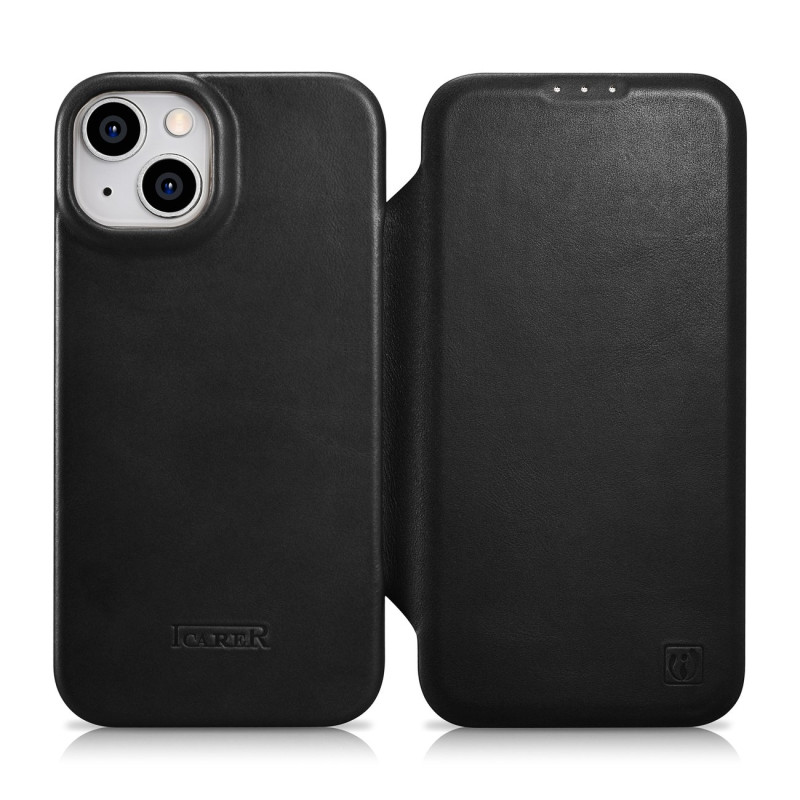 „iCarer CE Oil Wax Premium Leather Folio Case iPhone 14 Leather Flip Case Magnetic MagSafe Black (AKI14220705-BK)