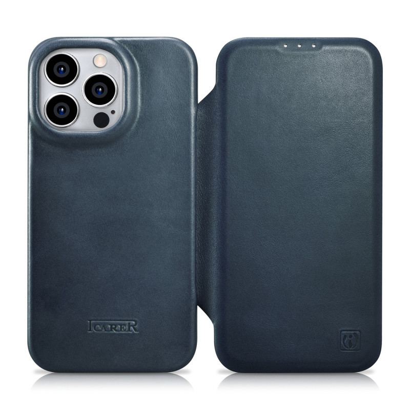 „iCarer CE Oil Wax Premium Leather Folio Case iPhone 14 Pro Leather Flip Case Magnetic MagSafe Blue (AKI14220706-BU)