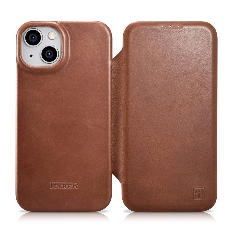 „iCarer CE Oil Wax Premium“ odinis folijos dėklas „iPhone 14 Plus“ odinis atverčiamas dėklas, magnetinis „MagSafe Brown“...