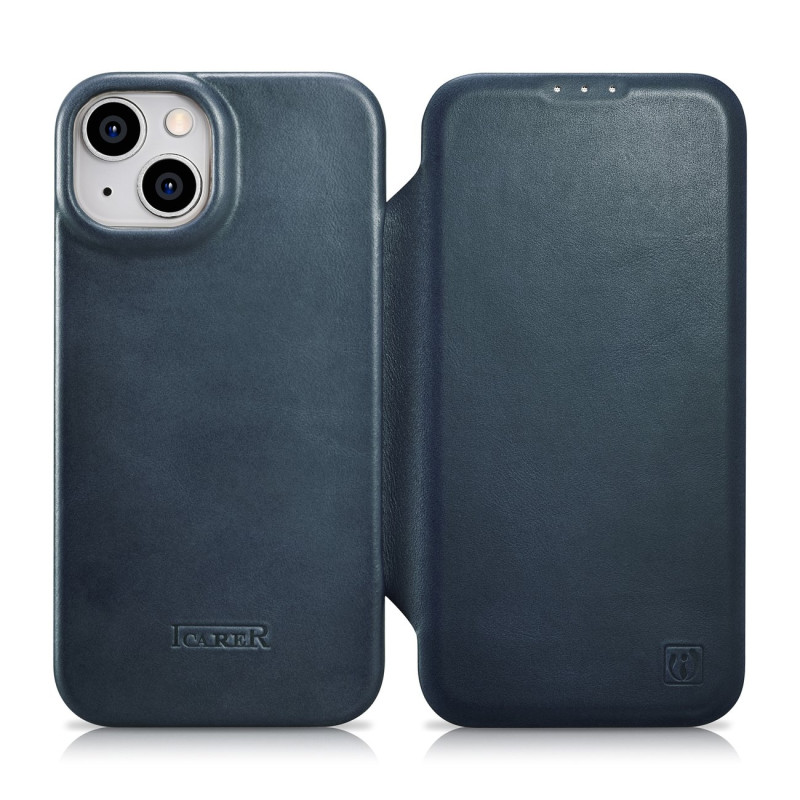 „iCarer CE Oil Wax Premium Leather Folio Case iPhone 14 Plus“ odinis atverčiamas dėklas Magnetic MagSafe Blue (AKI142207...