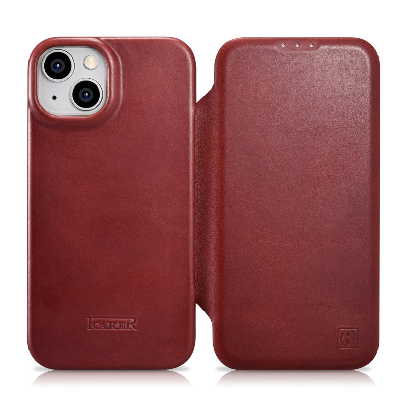 „iCarer CE Oil Wax Premium Leather Folio Case iPhone 14 Plus“ odinis dėklas su apverčiamu magnetiniu MagSafe raudonu (AK...