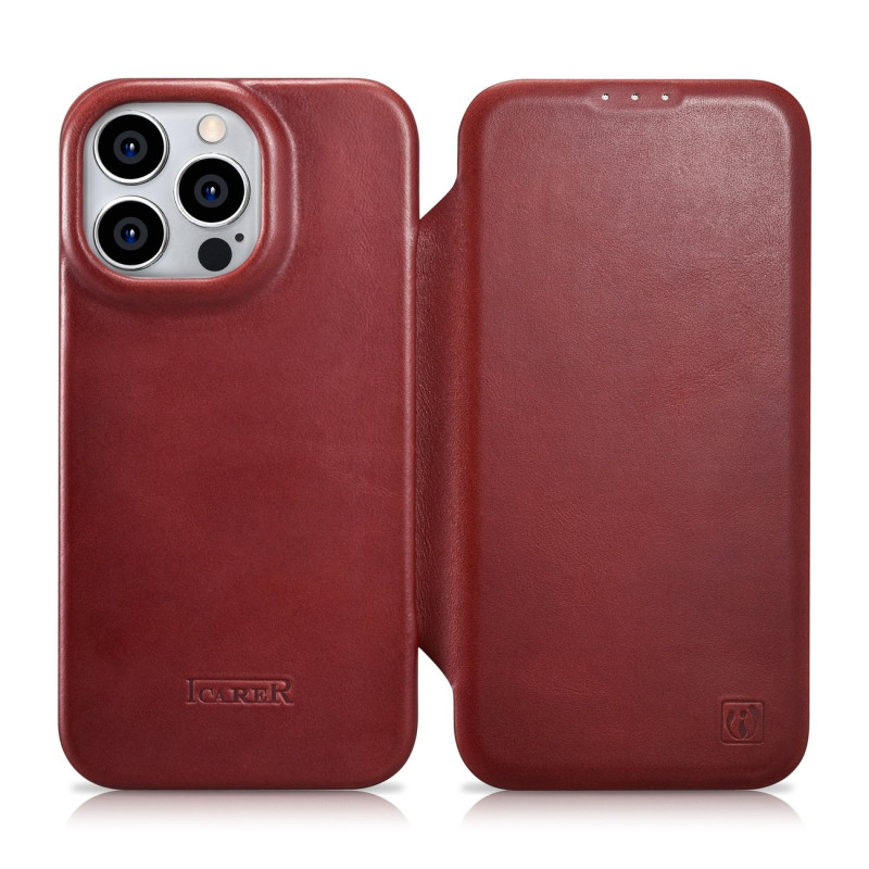 „iCarer CE Oil Wax Premium Leather Folio Case iPhone 14 Pro Max“ odinis dėklas su apverčiamu magnetiniu „MagSafe“ raudon...