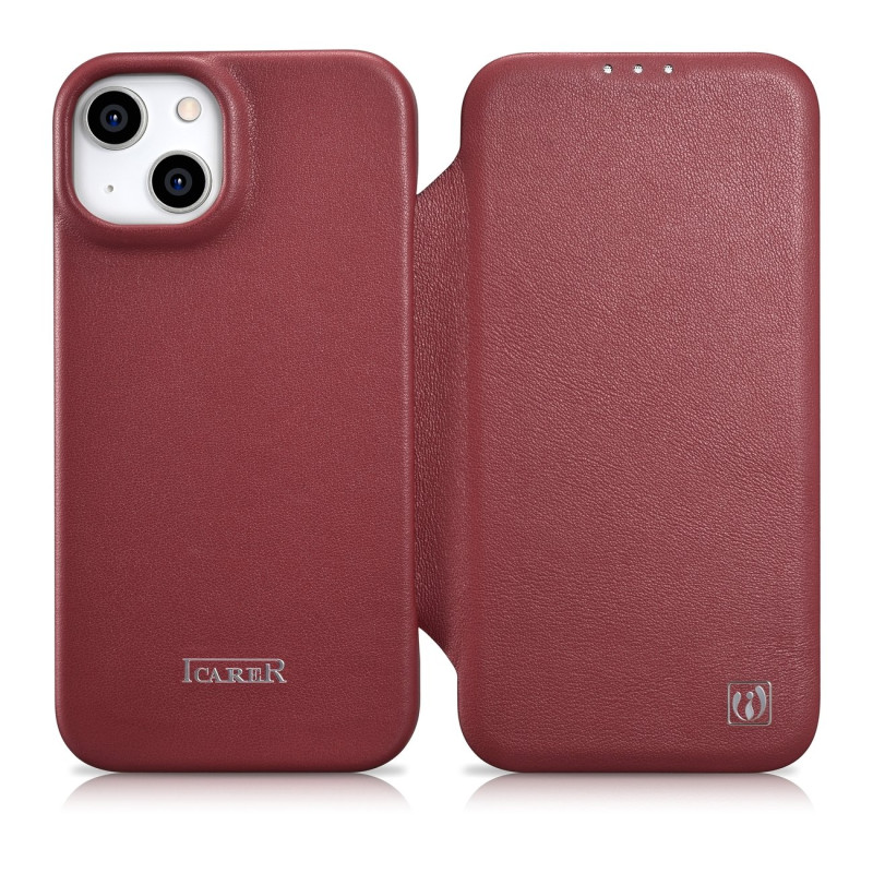 iCarer CE Premium odinis dėklas iPhone 14 magnetinis atverčiamas odinis dėklas MagSafe raudonas (WMI14220713-RD)