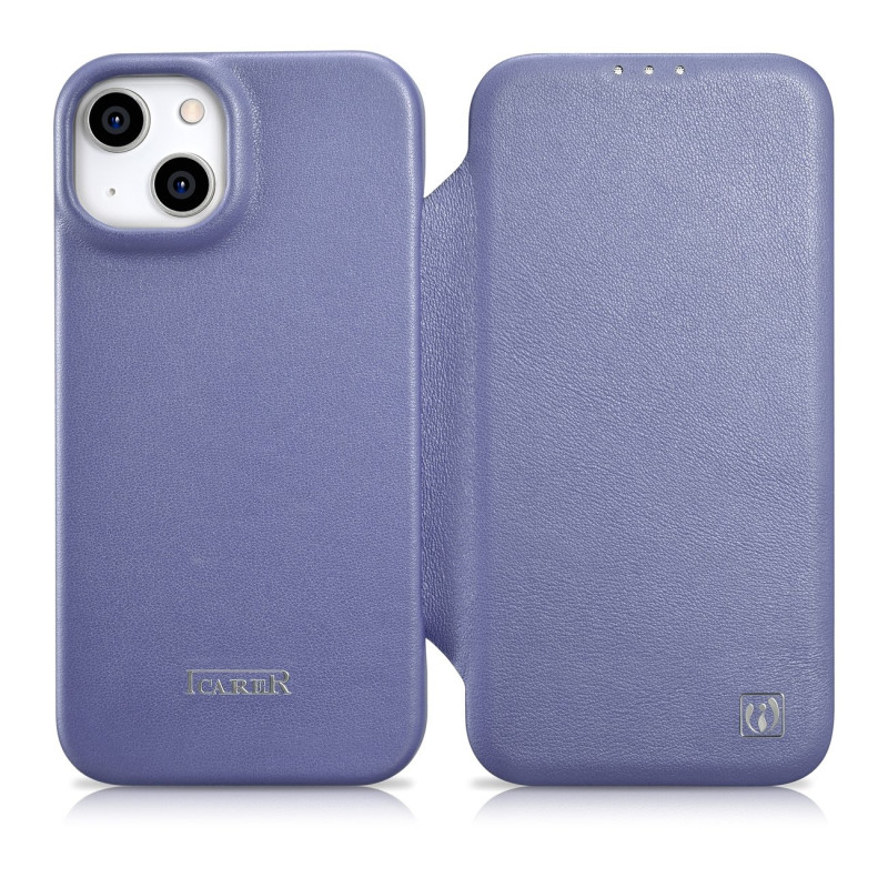 iCarer CE Premium Leather Folio Case iPhone 14 Odinis atverčiamas dėklas Magnetic MagSafe šviesiai violetinis (WMI142207...