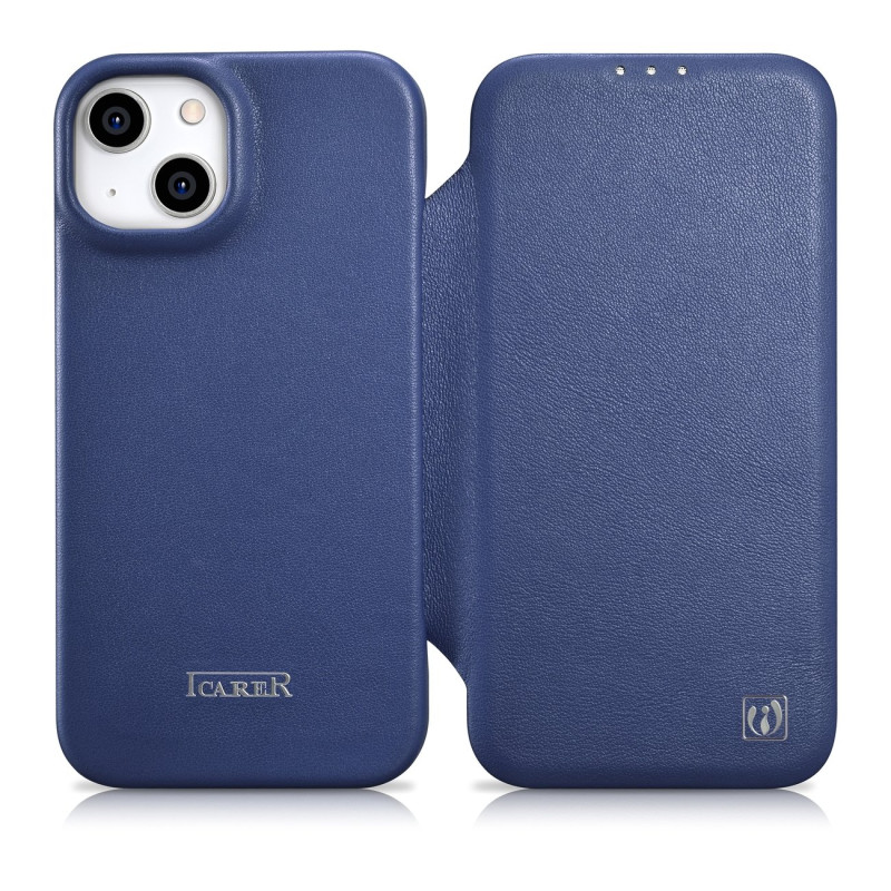 iCarer CE Premium Leather Folio Case iPhone 14 Odinis atverčiamas dėklas Magnetic MagSafe Blue (WMI14220713-BU)