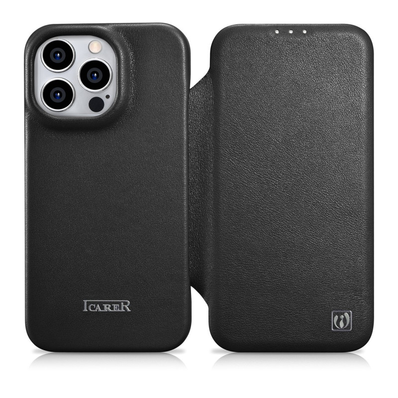 iCarer CE Premium odinis folijos dėklas iPhone 14 Pro odinis atverčiamas dėklas Magnetic MagSafe Black (WMI14220714-BK)