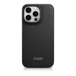 iCarer CE Premium odinis folijos dėklas iPhone 14 Pro odinis atverčiamas dėklas Magnetic MagSafe Black (WMI14220714-BK)