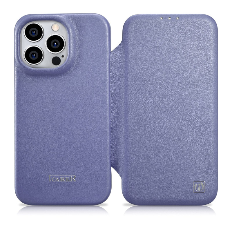 iCarer CE Premium Leather Folio Case iPhone 14 Pro Odinis atverčiamas dėklas Magnetic MagSafe šviesiai violetinis (WMI14...