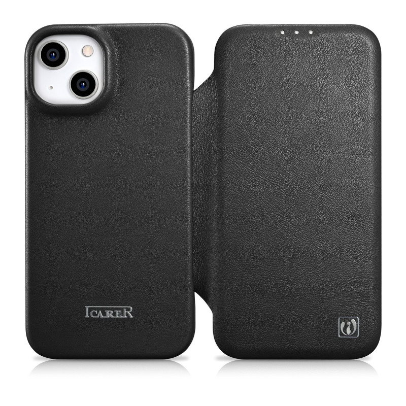 iCarer CE Premium odinis folijos dėklas iPhone 14 Plus odinis atverčiamas dėklas Magnetic MagSafe Black (WMI14220715-BK)
