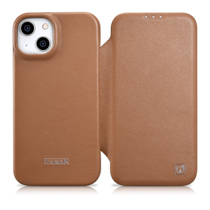 „iCarer CE Premium“ odinis folijos dėklas „iPhone 14 Plus“ odinis atverčiamas dėklas, magnetinis „MagSafe Brown“ (WMI142...