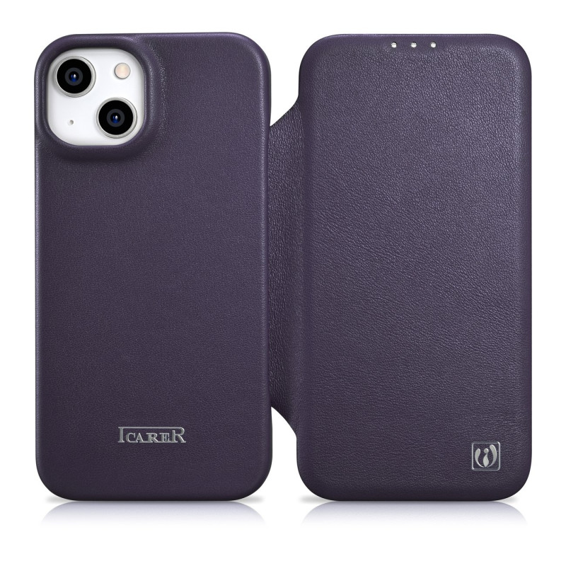 „iCarer CE Premium“ odinis folijos dėklas „iPhone 14 Plus“ odinis atverčiamas dėklas, magnetinis „MagSafe“ tamsiai viole...