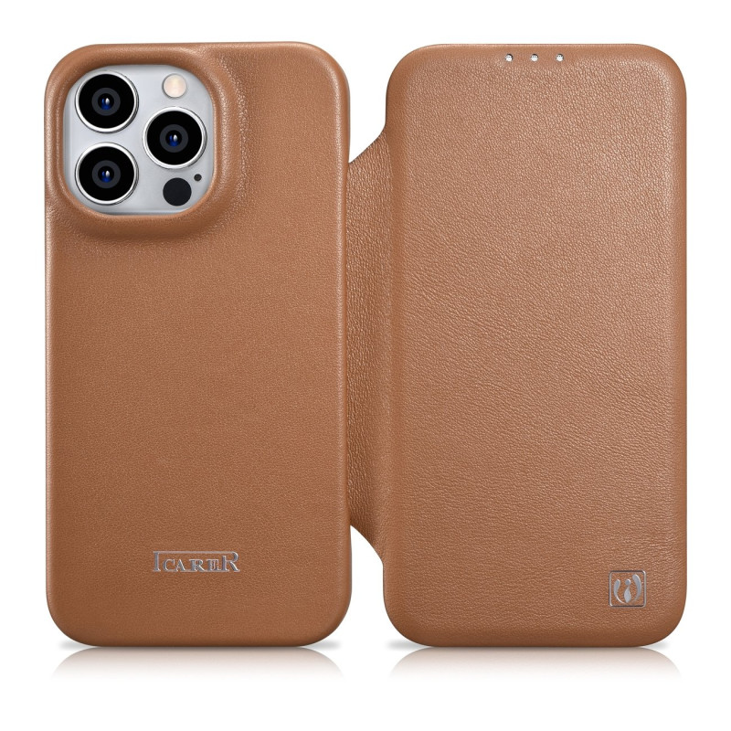 „iCarer CE Premium Leather Folio Case iPhone 14 Pro Max“ odinis dėklas su apverčiamu magnetiniu „MagSafe Brown“ (WMI1422...