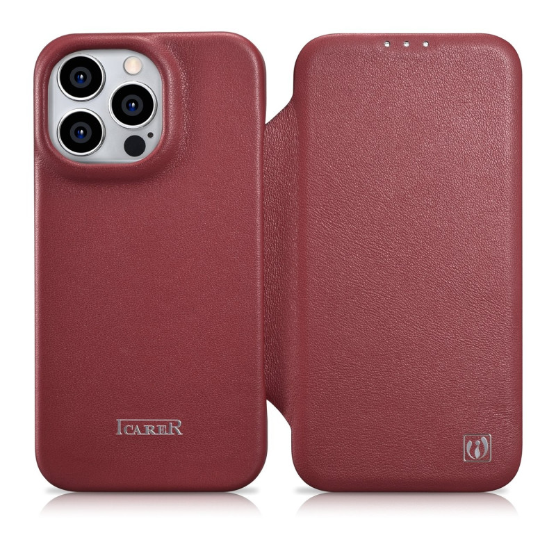 „iCarer CE Premium Leather Folio Case iPhone 14 Pro Max“ odinis dėklas su apverčiamu magnetiniu „MagSafe Red“ (WMI142207...
