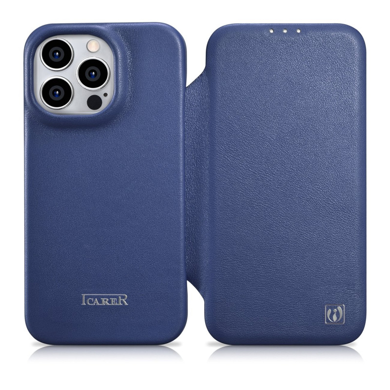 „iCarer CE Premium Leather Folio Case iPhone 14 Pro Max“ odinis dėklas su apverčiamu magnetiniu „MagSafe Blue“ (WMI14220...