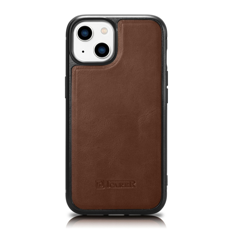 iCarer Leather Oil Wax dėklas, padengtas natūralia oda, skirtas iPhone 14 Plus (suderinamas su MagSafe) rudas (WMI142207...