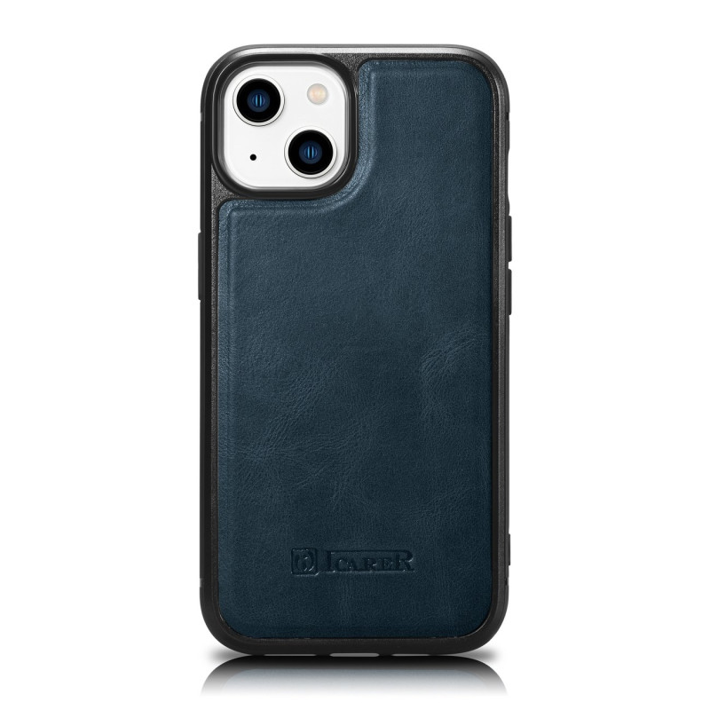 iCarer Leather Oil Wax dėklas, padengtas natūralia oda, skirtas iPhone 14 Plus mėlynai (WMI14220719-BU)