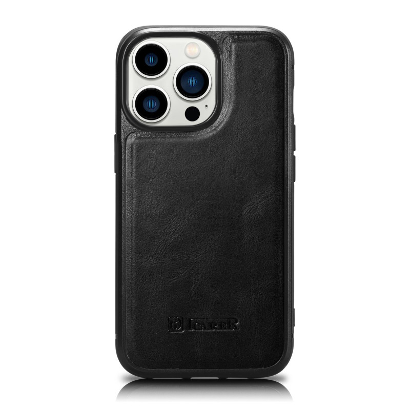 iCarer Leather Oil Wax dėklas iPhone 14 Pro Max odinis dangtelis juodas (WMI14220720-BK)