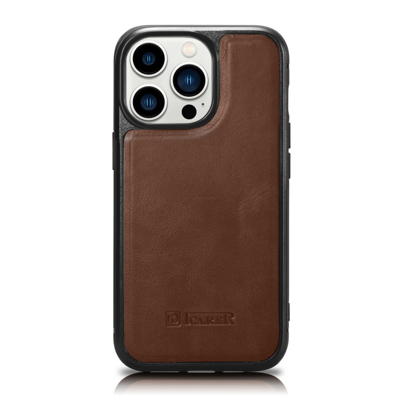 iCarer Leather Oil Wax dėklas iPhone 14 Pro Max odinis dangtelis rudas (WMI14220720-BN)