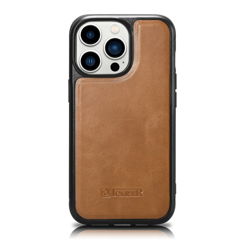iCarer Leather Oil Wax dėklas iPhone 14 Pro Max odinis dangtelis rudas (WMI14220720-TN)