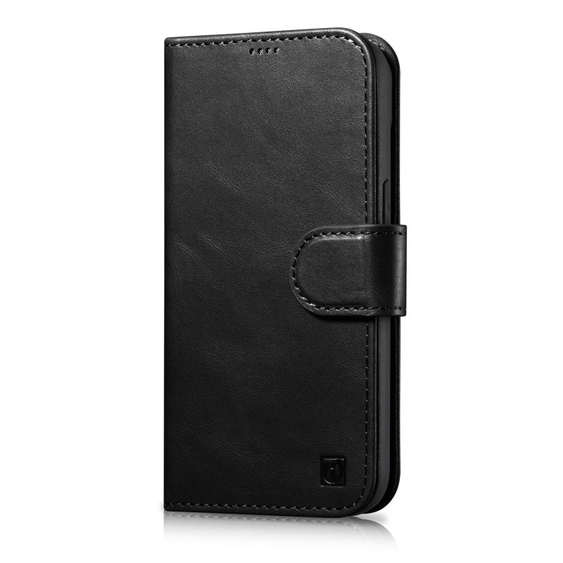 „iCarer Oil Wax Wallet Case“ 2 viename „iPhone 14 Plus“ dėklas, odinis atverčiamas dangtelis, apsaugantis nuo RFID, juod...