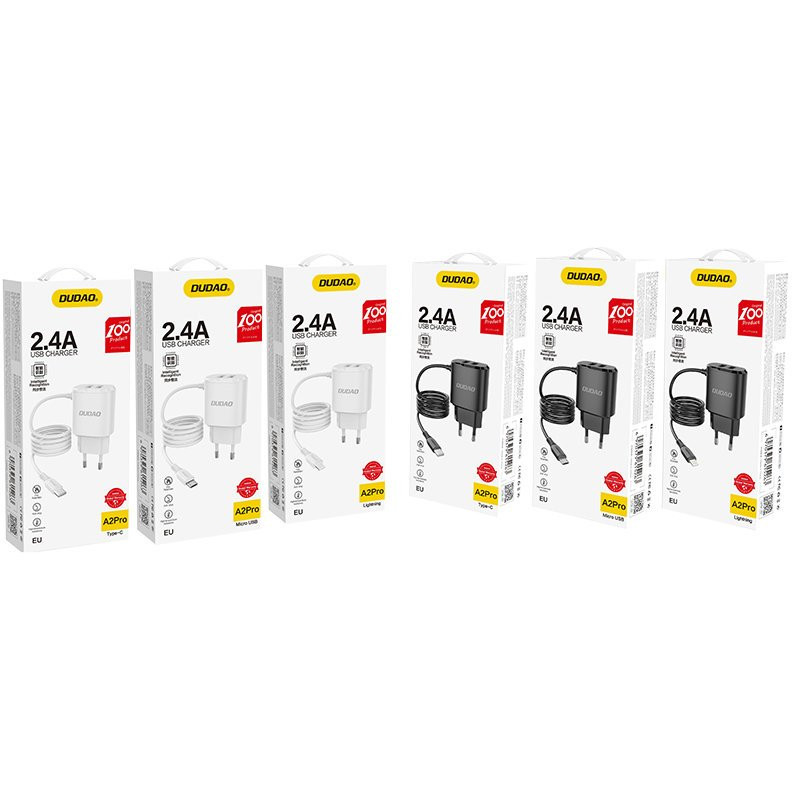 Dudao 2x USB sieninis įkroviklis su įmontuotu 12 W Lightning kabeliu juodas (A2ProL juodas)