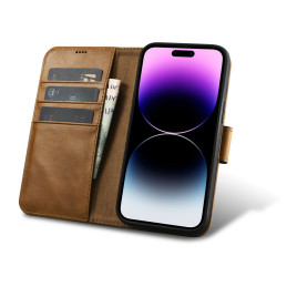 „iCarer Oil Wax Wallet Case“ 2 viename „iPhone 14 Pro Max“ odinis atverčiamas dangtelis, apsaugantis nuo RFID rudos spal...