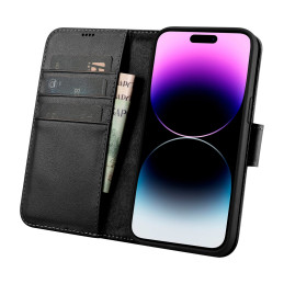 „iCarer“ piniginės dėklas 2 viename „iPhone 14 Pro Case“ odinis atverčiamas dangtelis, apsaugantis nuo RFID, juodas (WMI...