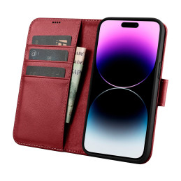 „iCarer“ piniginės dėklas 2 viename „iPhone 14 Pro Case“ odinis atverčiamas dangtelis, anti-RFID raudona (WMI14220726-RD...