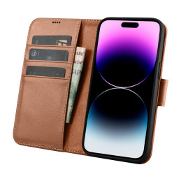 „iCarer“ piniginės dėklas 2 viename „iPhone 14 Pro Max“ dėklas, odinis atverčiamas dangtelis, apsaugantis nuo RFID rudos...