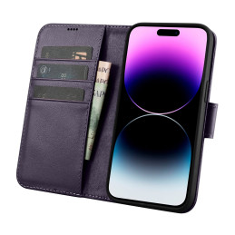 „iCarer“ piniginės dėklas 2 viename „iPhone 14 Pro Max“ dėklas, odinis atverčiamas dangtelis, apsaugantis nuo RFID tamsi...