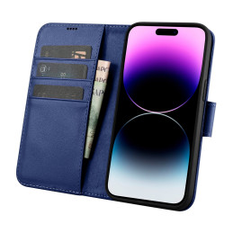 „iCarer“ piniginės dėklas 2 viename „iPhone 14 Pro Max“ odinis atverčiamas dangtelis, mėlynas anti-RFID (WMI14220728-BU)