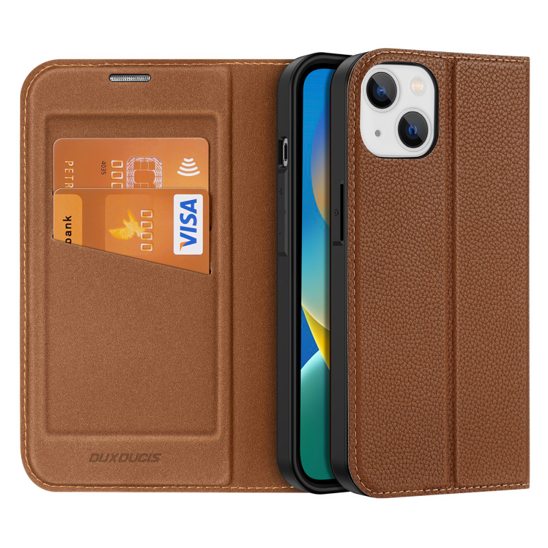 Dux Ducis Skin X2 dėklas iPhone 14, dangtelis su magnetiniu atvartu, rudas