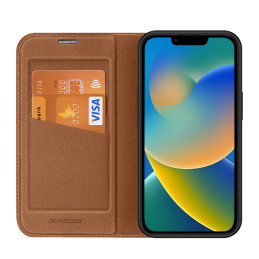 Dux Ducis Skin X2 dėklas iPhone 14, dangtelis su magnetiniu atvartu, rudas