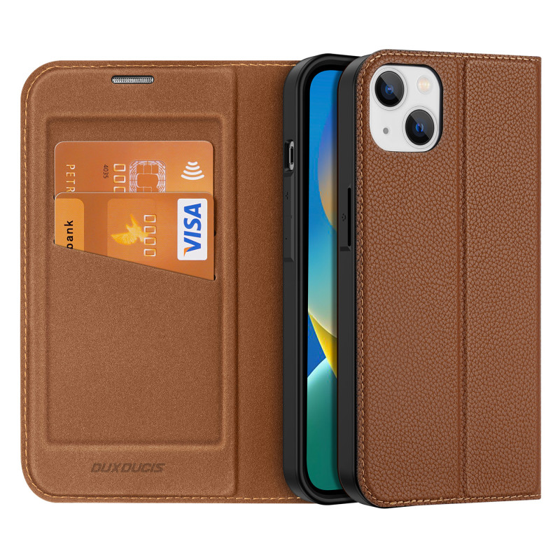 Dux Ducis Skin X2 dėklas iPhone 14 Plus dangtelis su magnetiniu atvartu rudos spalvos