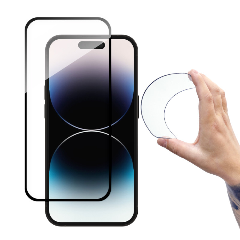 Wozinsky Full Cover Flexi Nano Glass grūdintas stiklas iPhone 14 Pro lankstus su juodu rėmeliu