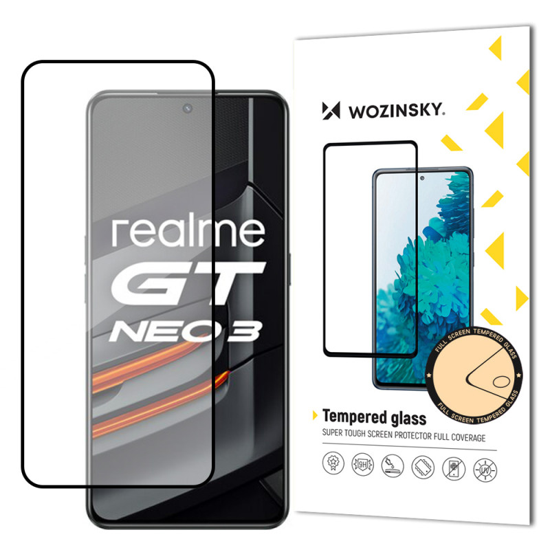 Wozinsky Super patvarūs klijai viso ekrano grūdintas stiklas su rėmeliu, tinkamas dėklui Realme GT Neo 3 juodas