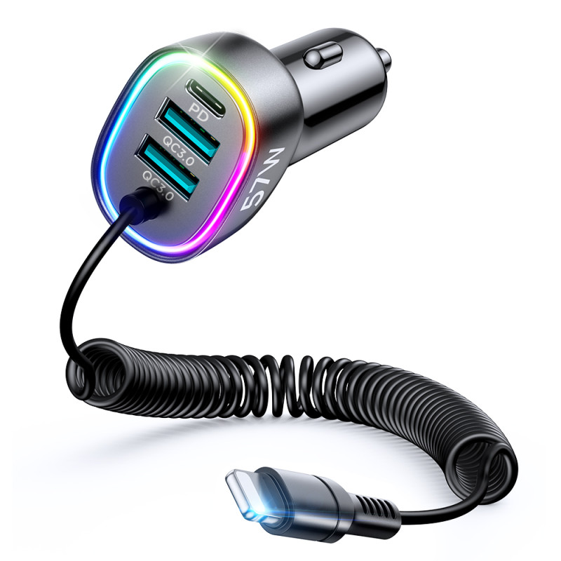 Joyroom greitas automobilinis įkroviklis 4 in 1 PD, QC3.0, AFC, FCP su Lightning laidu 1,6 m 57 W juodas (JR-CL20)