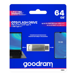 Pendrive 64 GB USB 3.2 Gen 1 USB / USB C OTG ODA3 Goodram – sidabrinė