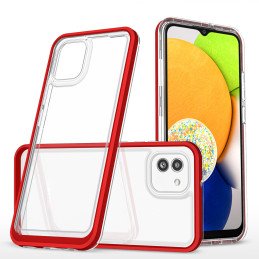 Skaidrus 3in1 dėklas skirtas Samsung Galaxy A03 silikoninis dangtelis su raudonu rėmeliu